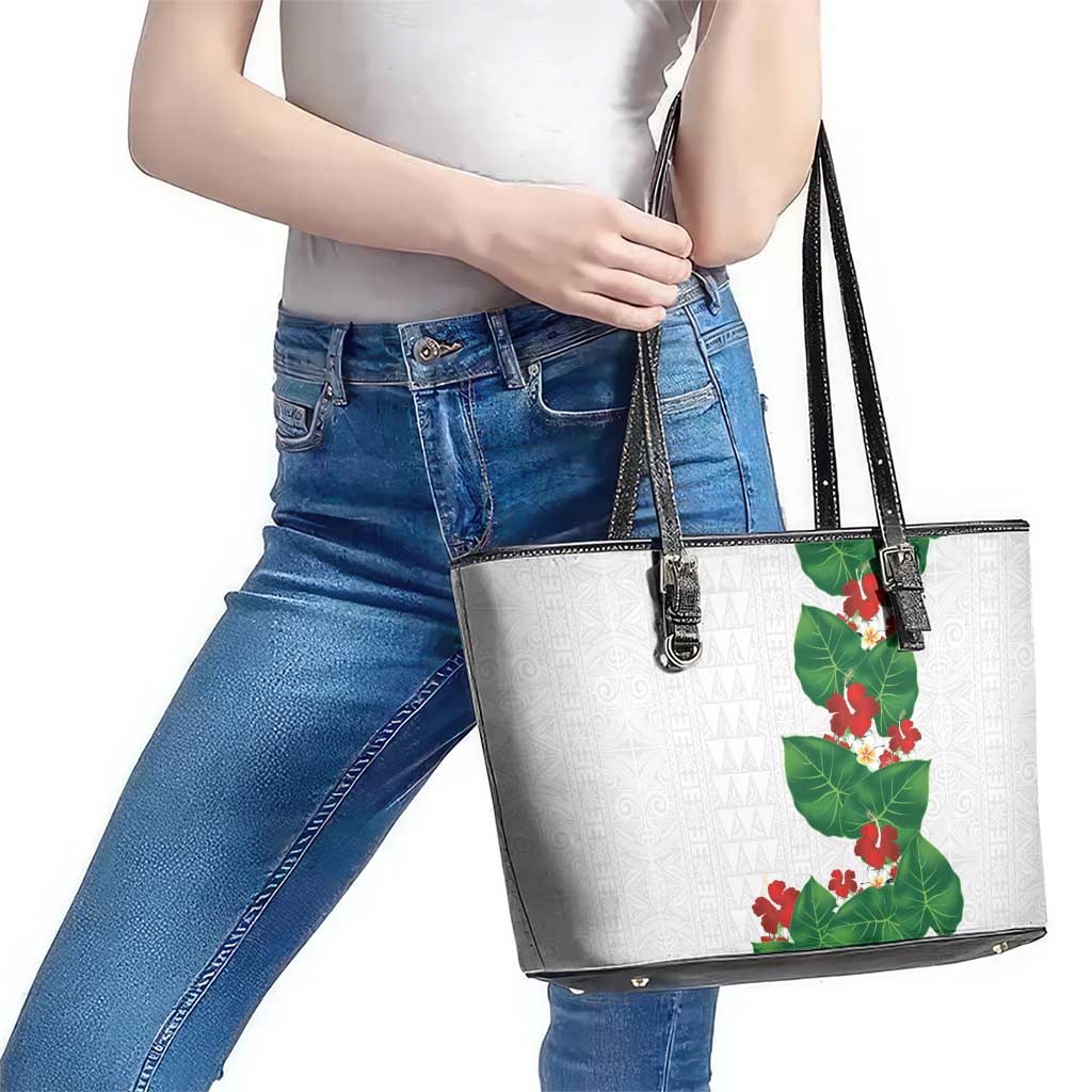 Hawaiian Taro Leaves-Hibiscus and Plumeria Leather Tote Bag Polynesian Art-Kakau Tattoo White