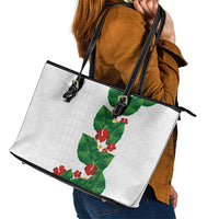 Hawaiian Taro Leaves-Hibiscus and Plumeria Leather Tote Bag Polynesian Art-Kakau Tattoo White