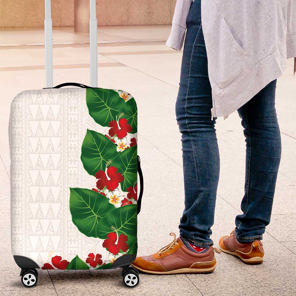 Hawaiian Taro Leaves-Hibiscus and Plumeria Luggage Cover Polynesian Art-Kakau Tattoo White