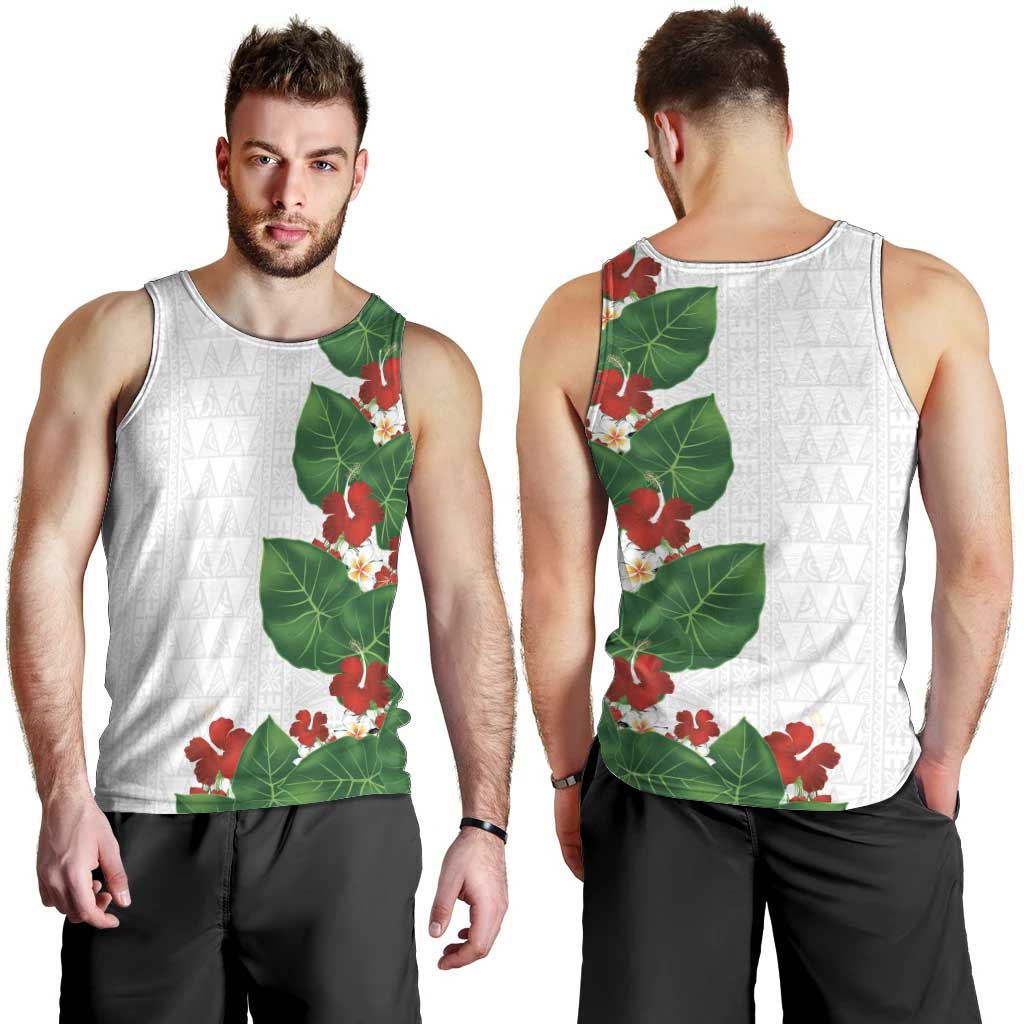 Hawaiian Taro Leaves-Hibiscus and Plumeria Men Tank Top Polynesian Art-Kakau Tattoo White