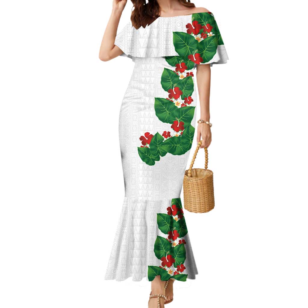 Hawaiian Taro Leaves-Hibiscus and Plumeria Mermaid Dress Polynesian Art-Kakau Tattoo White