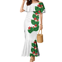 Hawaiian Taro Leaves-Hibiscus and Plumeria Mermaid Dress Polynesian Art-Kakau Tattoo White