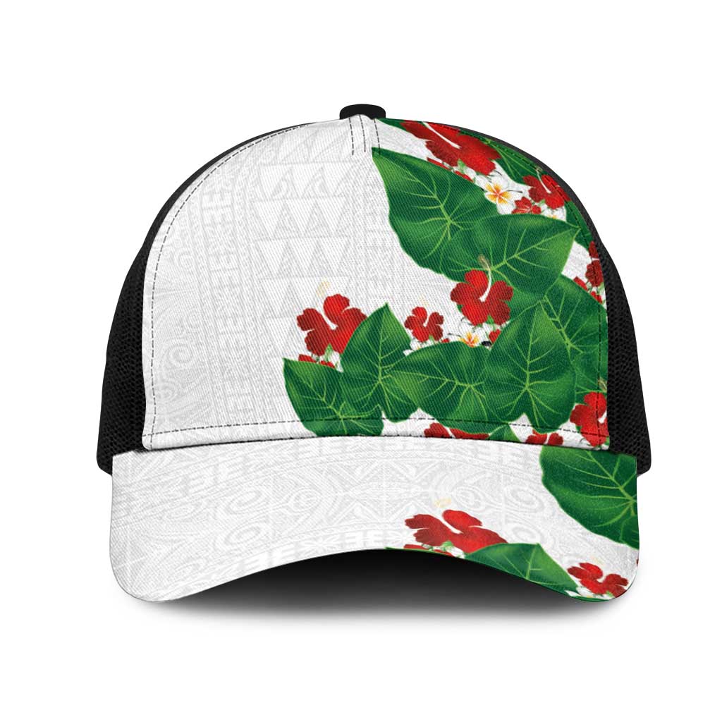 Hawaiian Taro Leaves-Hibiscus and Plumeria Mesh Trucker Cap Polynesian Art-Kakau Tattoo White