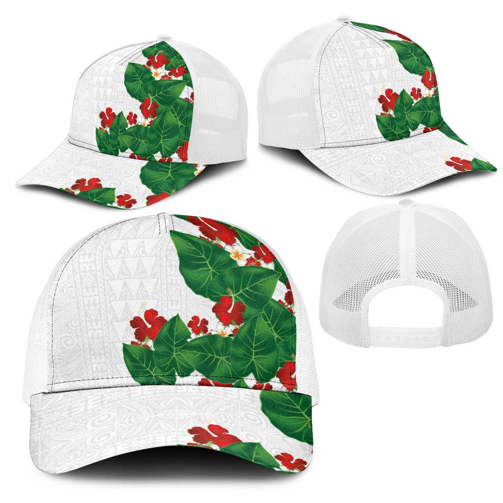 Hawaiian Taro Leaves-Hibiscus and Plumeria Mesh Trucker Cap Polynesian Art-Kakau Tattoo White