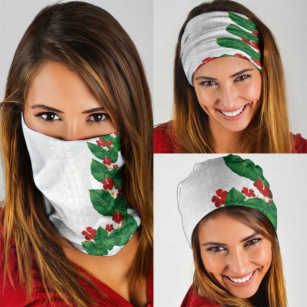 Hawaiian Taro Leaves-Hibiscus and Plumeria Neck Gaiter Polynesian Art-Kakau Tattoo White