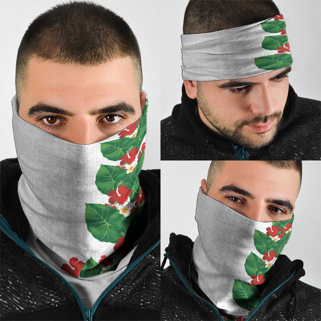 Hawaiian Taro Leaves-Hibiscus and Plumeria Neck Gaiter Polynesian Art-Kakau Tattoo White