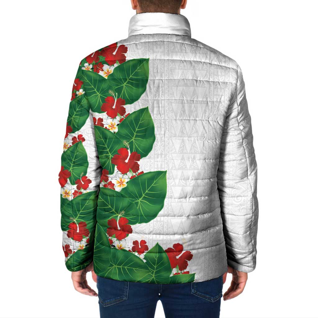 Hawaiian Taro Leaves-Hibiscus and Plumeria Padded Jacket Polynesian Art-Kakau Tattoo White