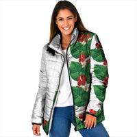 Hawaiian Taro Leaves-Hibiscus and Plumeria Padded Jacket Polynesian Art-Kakau Tattoo White