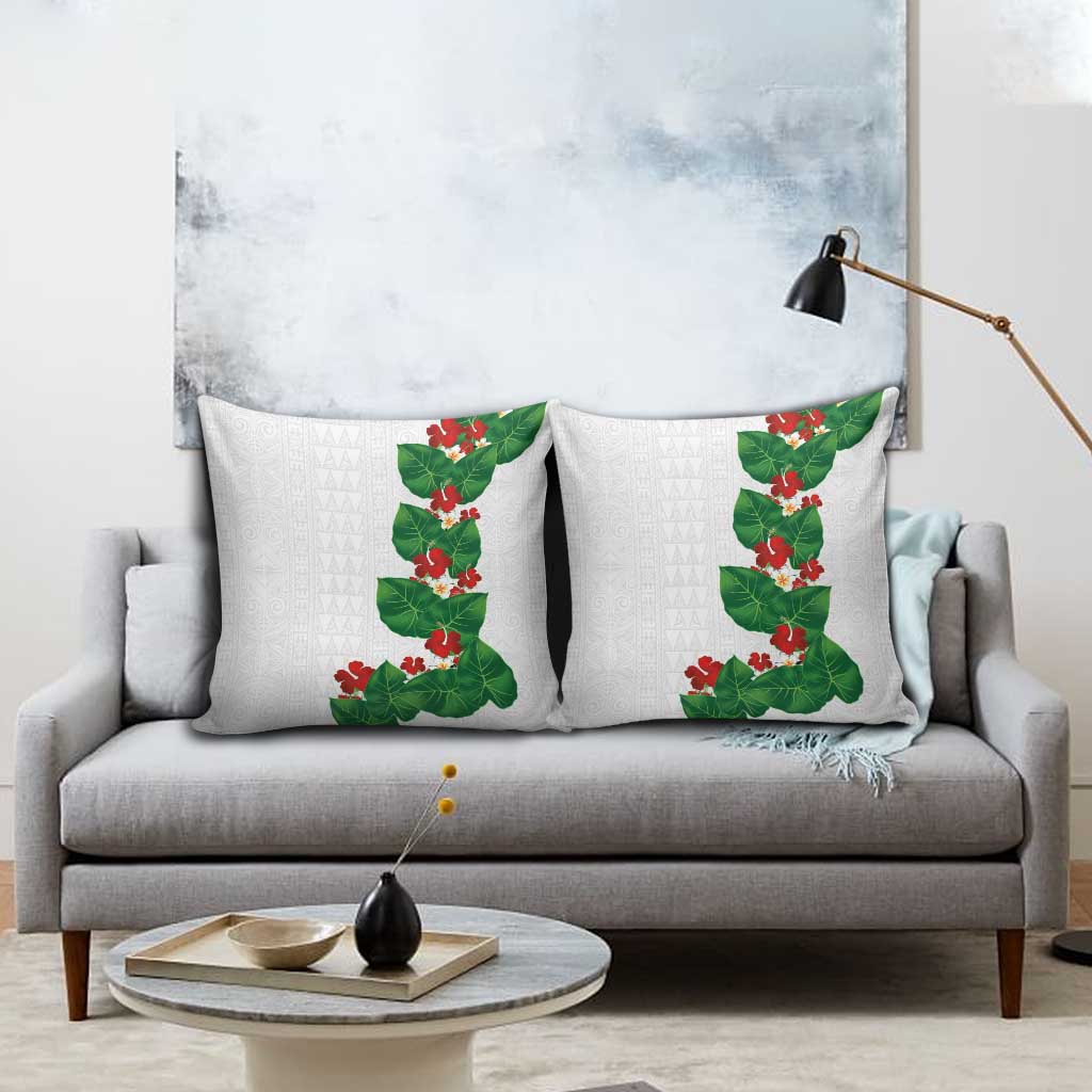 Hawaiian Taro Leaves-Hibiscus and Plumeria Pillow Cover Polynesian Art-Kakau Tattoo White