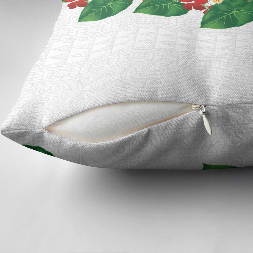Hawaiian Taro Leaves-Hibiscus and Plumeria Pillow Cover Polynesian Art-Kakau Tattoo White