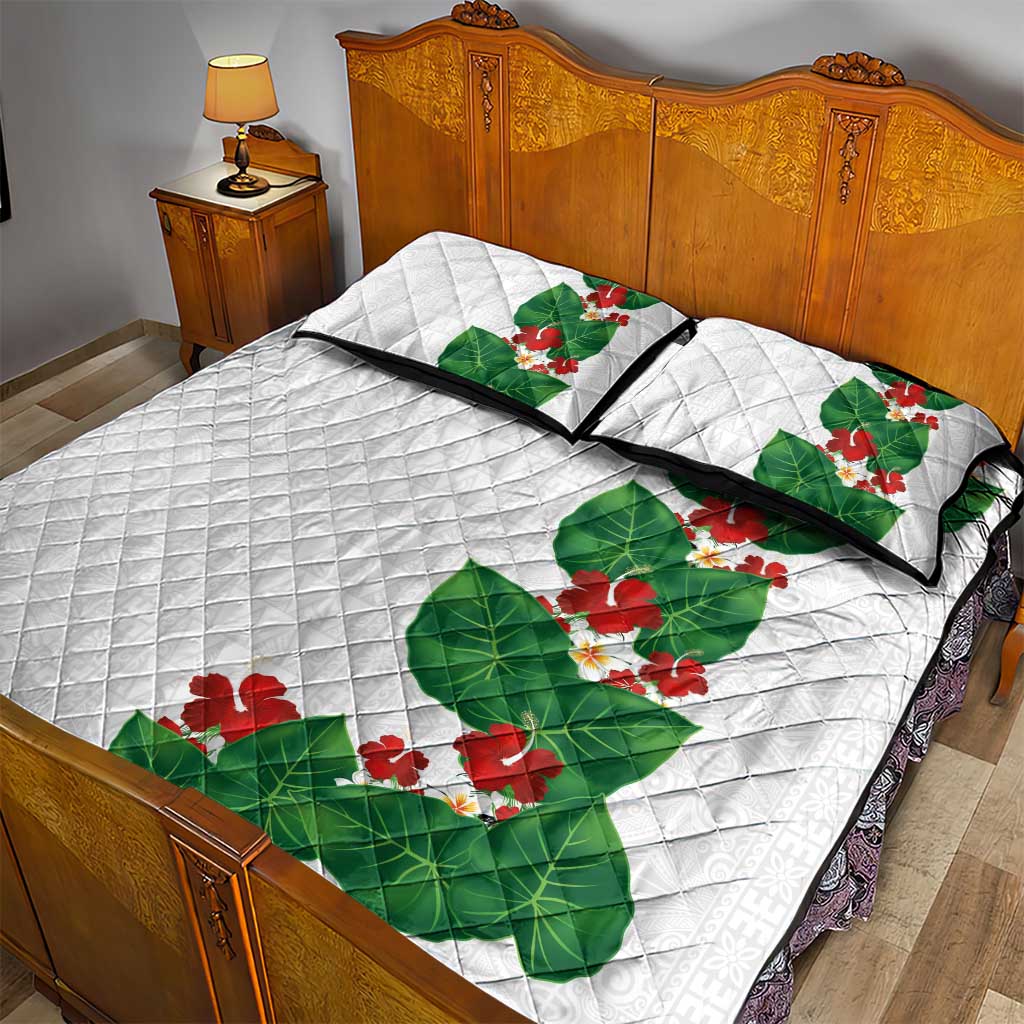 Hawaiian Taro Leaves-Hibiscus and Plumeria Quilt Bed Set Polynesian Art-Kakau Tattoo White