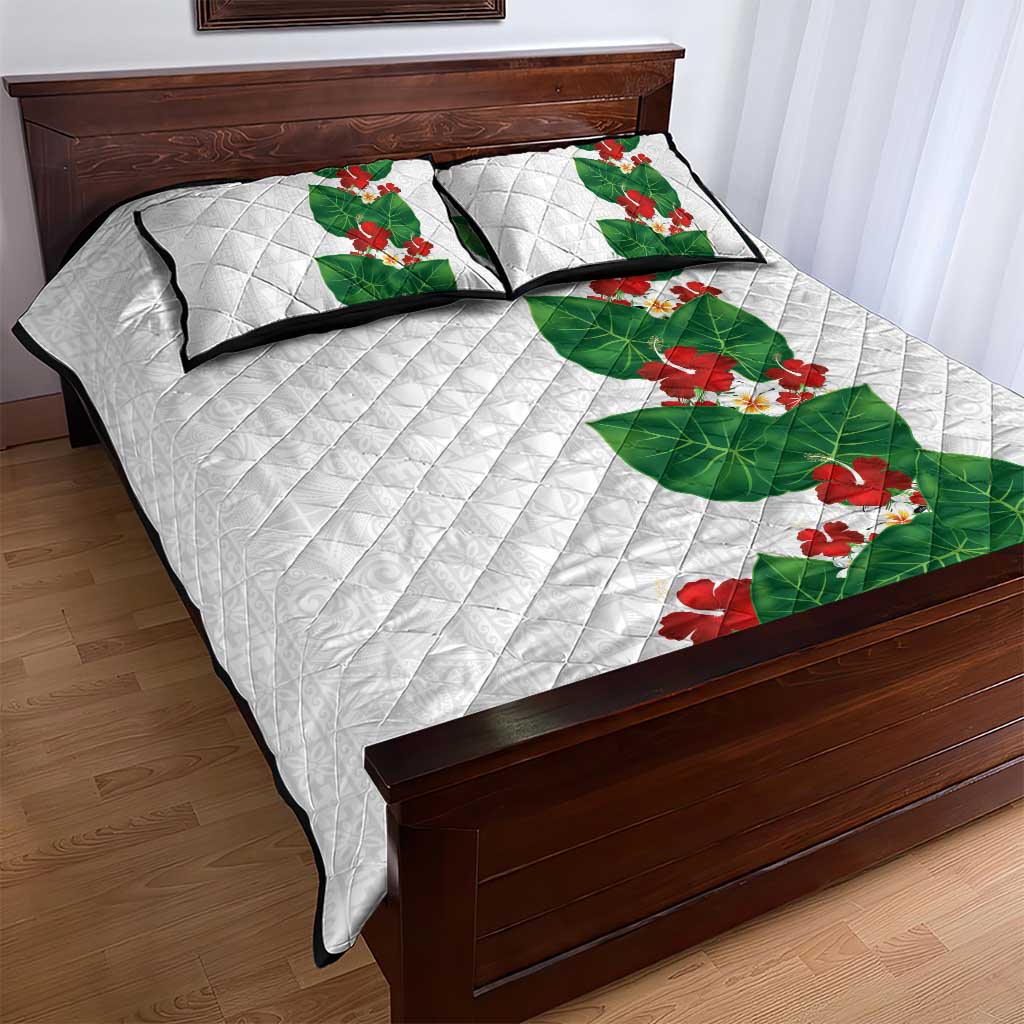 Hawaiian Taro Leaves-Hibiscus and Plumeria Quilt Bed Set Polynesian Art-Kakau Tattoo White