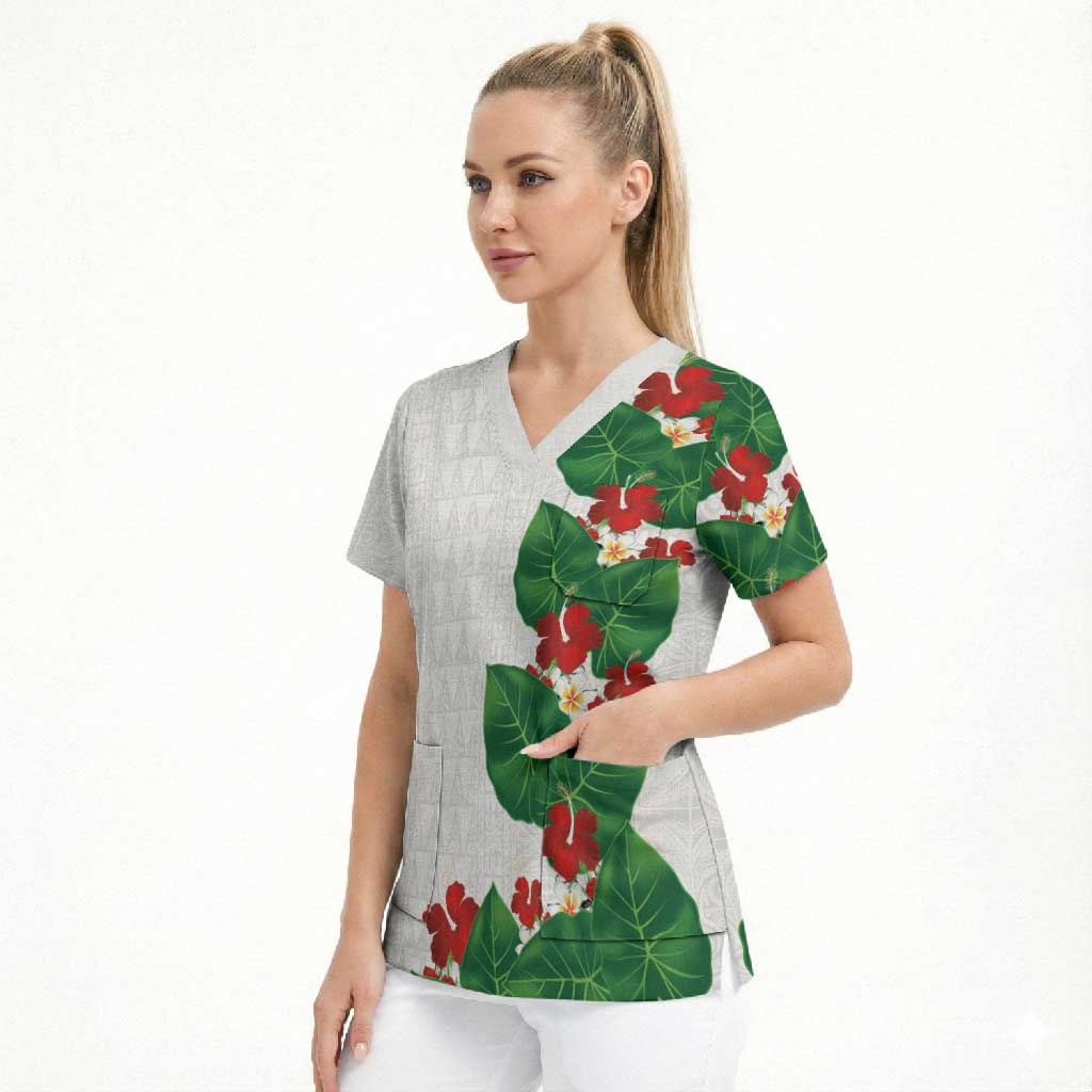 Hawaiian Taro Leaves-Hibiscus and Plumeria Scrub Top Polynesian Art-Kakau Tattoo White