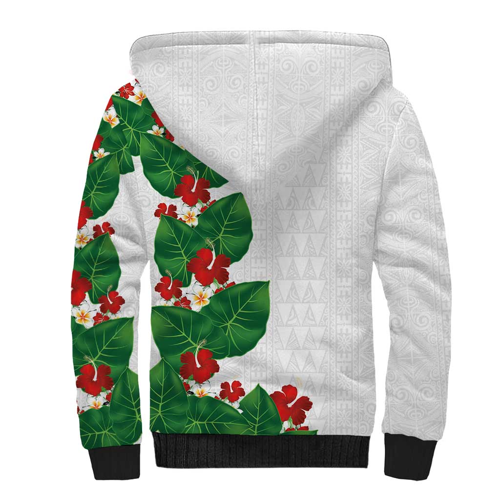 Hawaiian Taro Leaves-Hibiscus and Plumeria Sherpa Hoodie Polynesian Art-Kakau Tattoo White