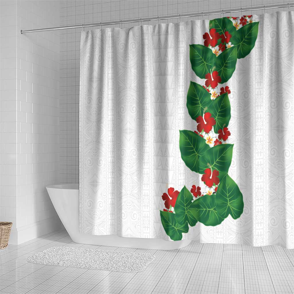 Hawaiian Taro Leaves-Hibiscus and Plumeria Shower Curtain Polynesian Art-Kakau Tattoo White