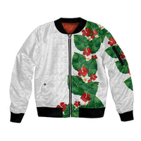 Hawaiian Taro Leaves-Hibiscus and Plumeria Sleeve Zip Bomber Jacket Polynesian Art-Kakau Tattoo White