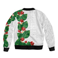 Hawaiian Taro Leaves-Hibiscus and Plumeria Sleeve Zip Bomber Jacket Polynesian Art-Kakau Tattoo White