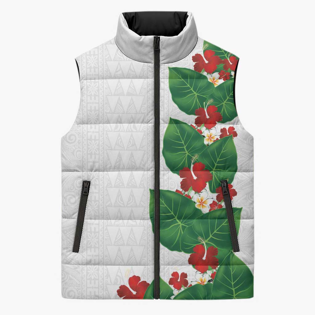 Hawaiian Taro Leaves-Hibiscus and Plumeria Sleeveless Puffer Jacket Polynesian Art-Kakau Tattoo White