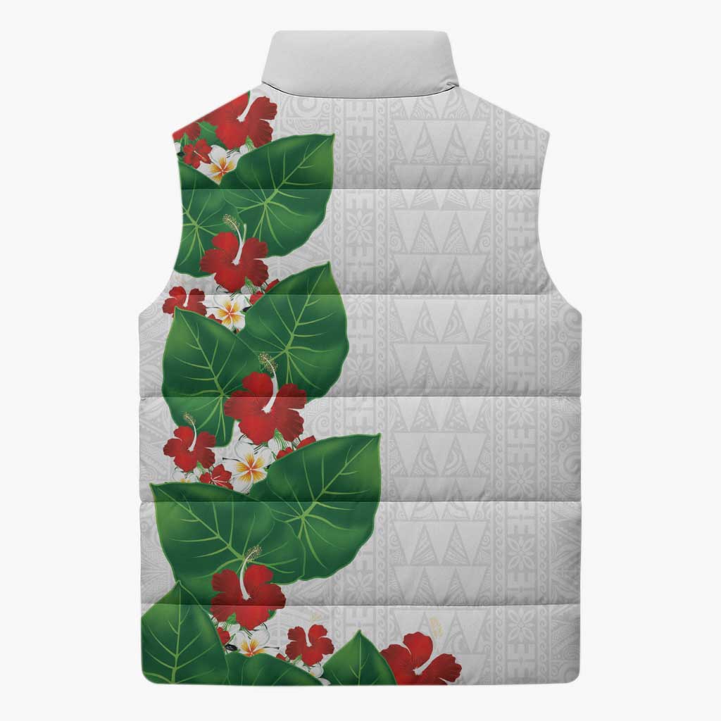 Hawaiian Taro Leaves-Hibiscus and Plumeria Sleeveless Puffer Jacket Polynesian Art-Kakau Tattoo White