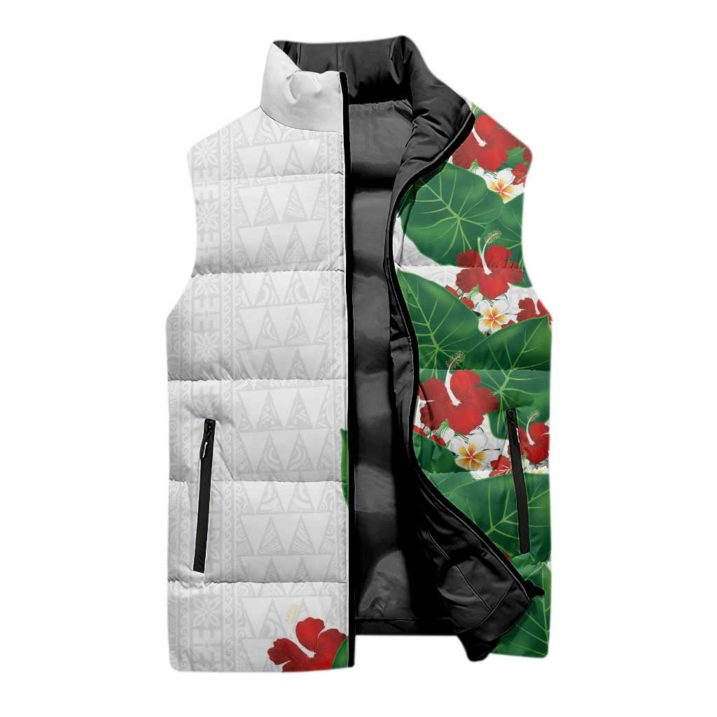 Hawaiian Taro Leaves-Hibiscus and Plumeria Sleeveless Puffer Jacket Polynesian Art-Kakau Tattoo White
