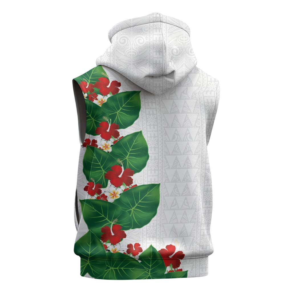 Hawaiian Taro Leaves-Hibiscus and Plumeria Sleeveless Zip Hoodie Polynesian Art-Kakau Tattoo White
