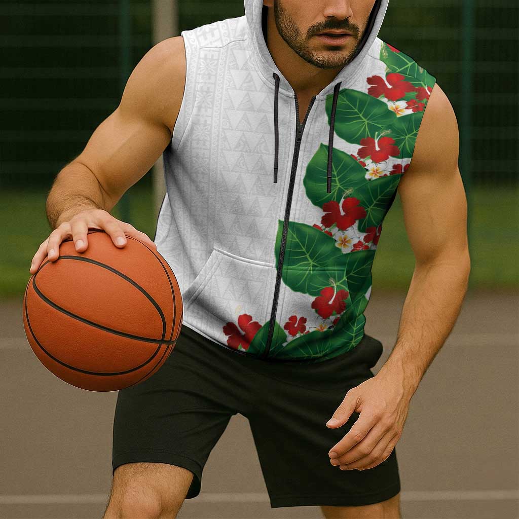 Hawaiian Taro Leaves-Hibiscus and Plumeria Sleeveless Zip Hoodie Polynesian Art-Kakau Tattoo White
