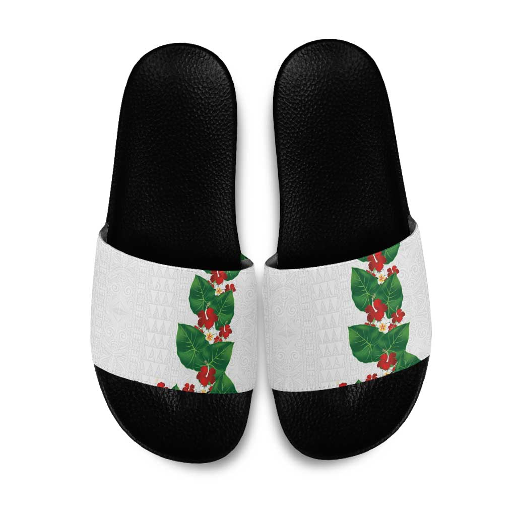 Hawaiian Taro Leaves-Hibiscus and Plumeria Slide Sandals Polynesian Art-Kakau Tattoo White
