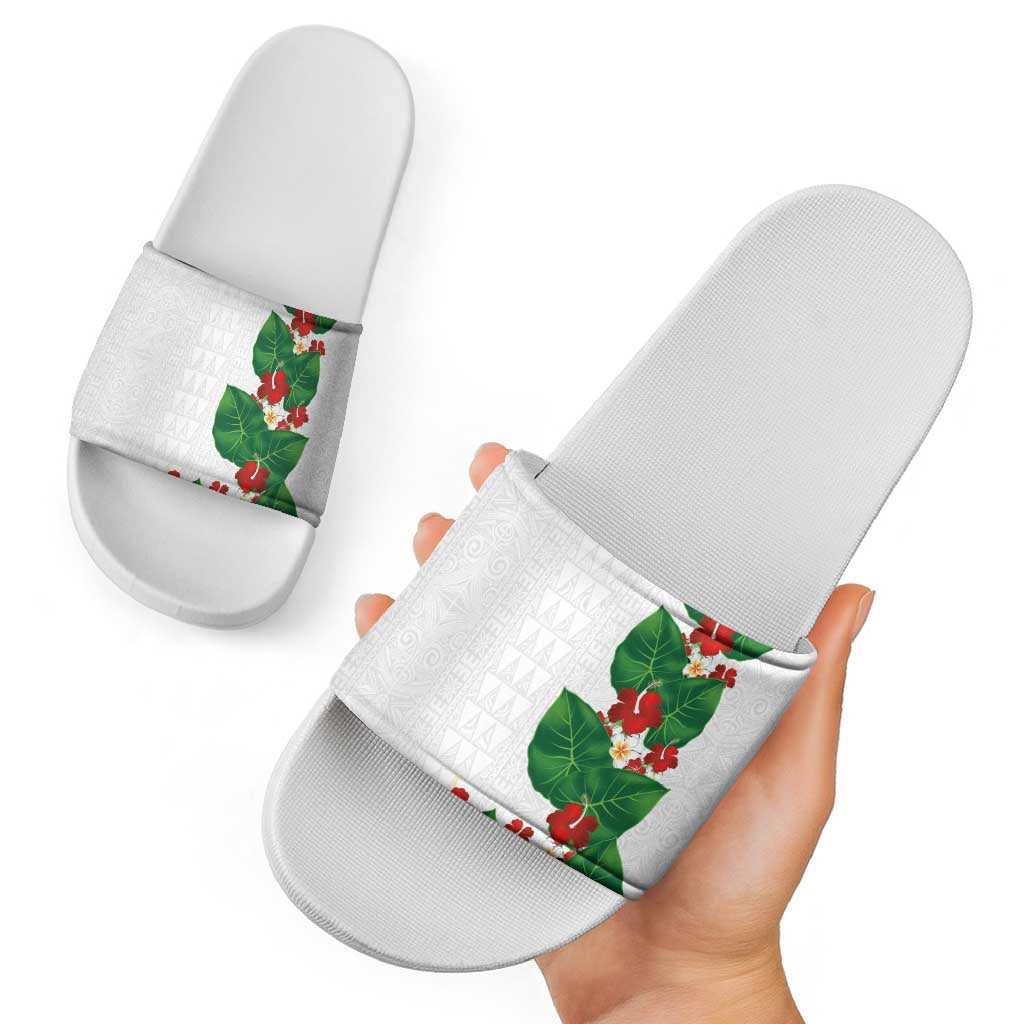 Hawaiian Taro Leaves-Hibiscus and Plumeria Slide Sandals Polynesian Art-Kakau Tattoo White