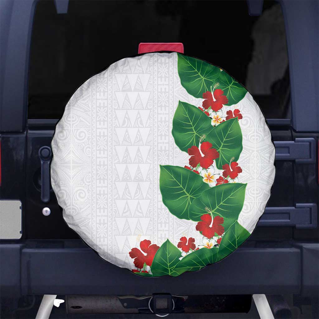 Hawaiian Taro Leaves-Hibiscus and Plumeria Spare Tire Cover Polynesian Art-Kakau Tattoo White
