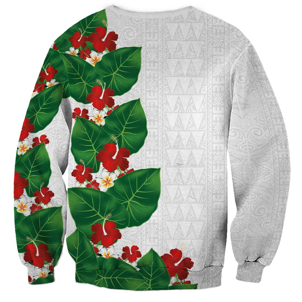 Hawaiian Taro Leaves-Hibiscus and Plumeria Sweatshirt Polynesian Art-Kakau Tattoo White