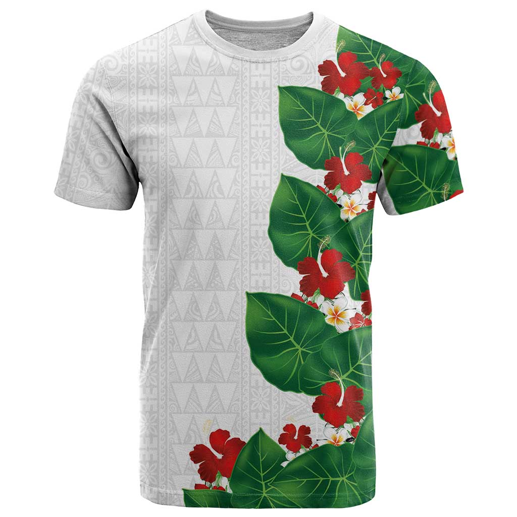 Hawaiian Taro Leaves-Hibiscus and Plumeria T Shirt Polynesian Art-Kakau Tattoo White