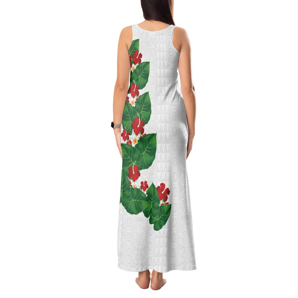 Hawaiian Taro Leaves-Hibiscus and Plumeria Tank Maxi Dress Polynesian Art-Kakau Tattoo White