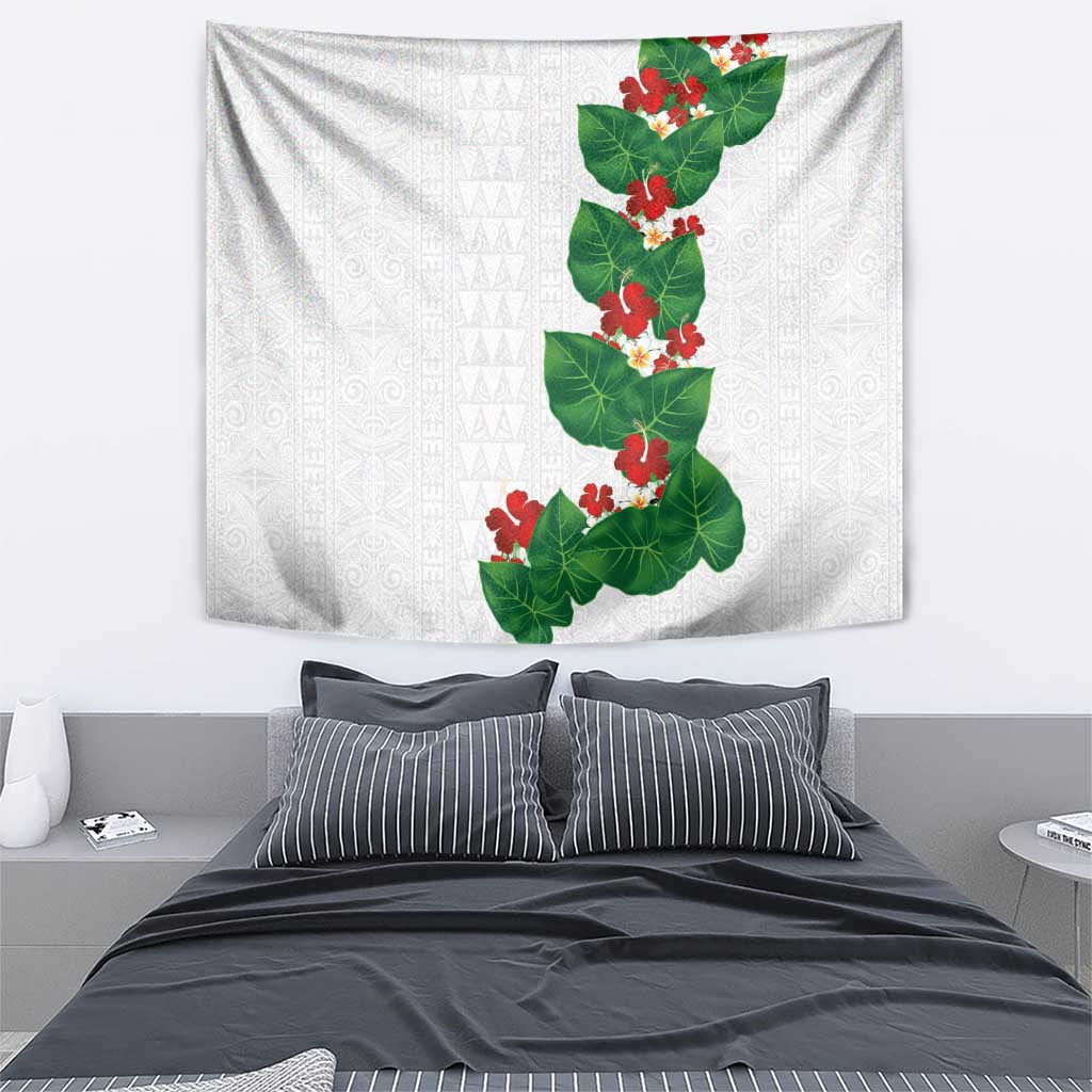Hawaiian Taro Leaves-Hibiscus and Plumeria Tapestry Polynesian Art-Kakau Tattoo White LT03 - Polynesian Pride