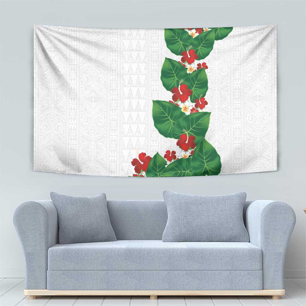 Hawaiian Taro Leaves-Hibiscus and Plumeria Tapestry Polynesian Art-Kakau Tattoo White LT03 - Polynesian Pride