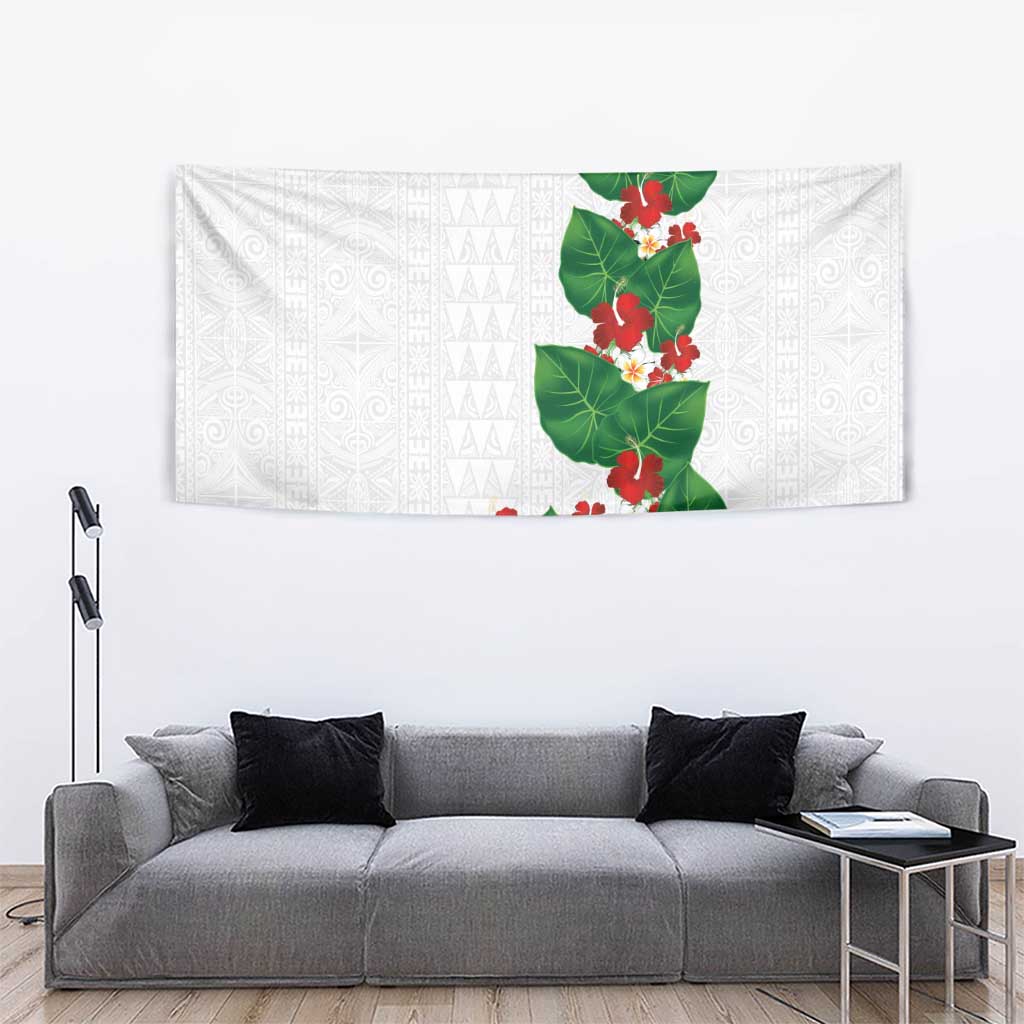 Hawaiian Taro Leaves-Hibiscus and Plumeria Tapestry Polynesian Art-Kakau Tattoo White LT03 - Polynesian Pride