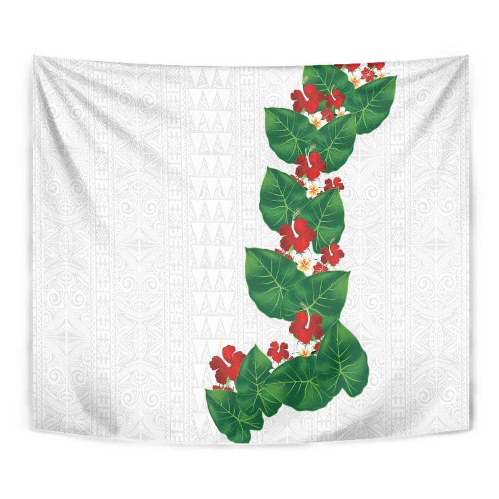 Hawaiian Taro Leaves-Hibiscus and Plumeria Tapestry Polynesian Art-Kakau Tattoo White LT03 - Polynesian Pride
