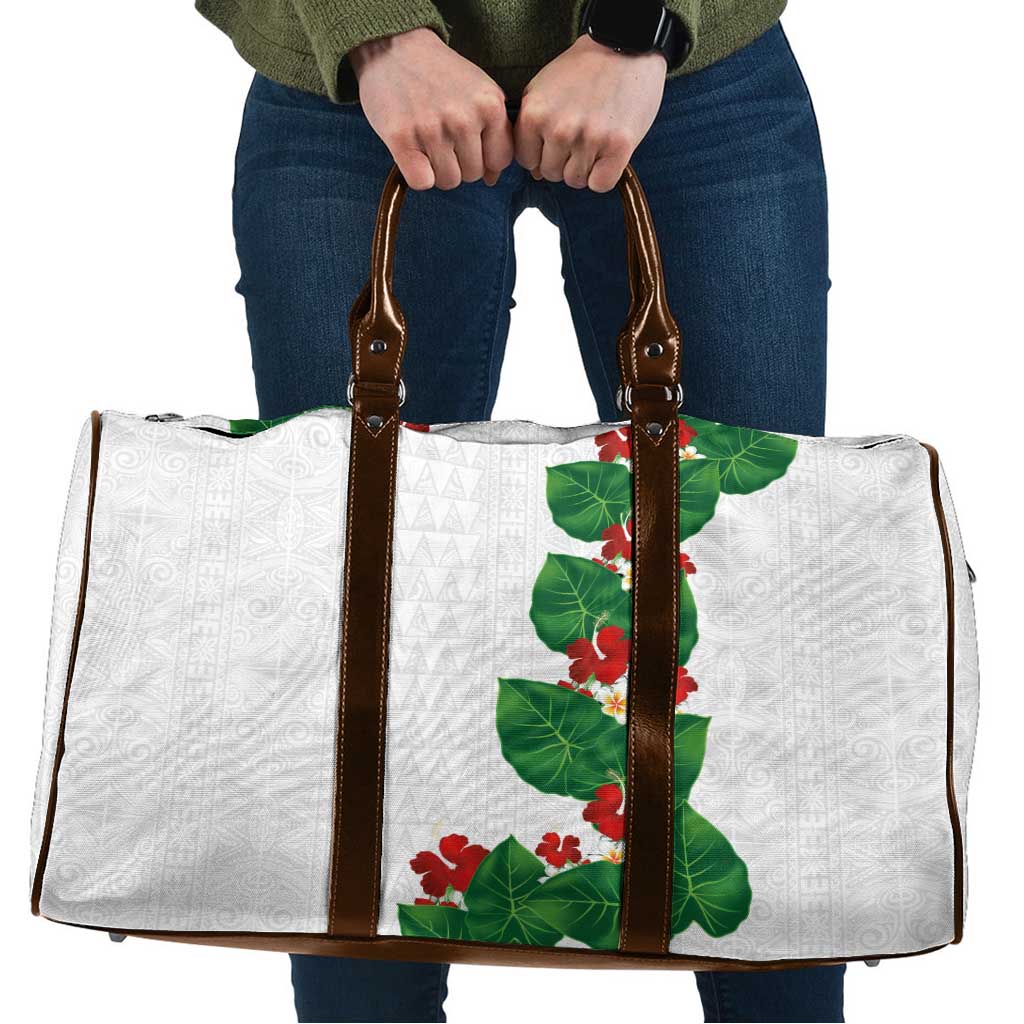 Hawaiian Taro Leaves-Hibiscus and Plumeria Travel Bag Polynesian Art-Kakau Tattoo White