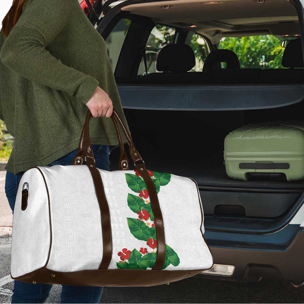 Hawaiian Taro Leaves-Hibiscus and Plumeria Travel Bag Polynesian Art-Kakau Tattoo White