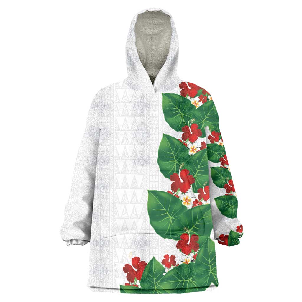 Hawaiian Taro Leaves-Hibiscus and Plumeria Wearable Blanket Hoodie Polynesian Art-Kakau Tattoo White