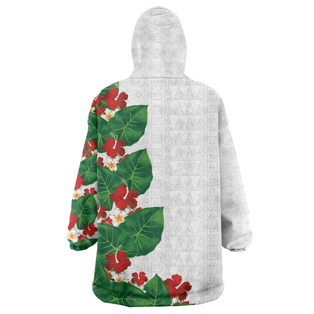 Hawaiian Taro Leaves-Hibiscus and Plumeria Wearable Blanket Hoodie Polynesian Art-Kakau Tattoo White