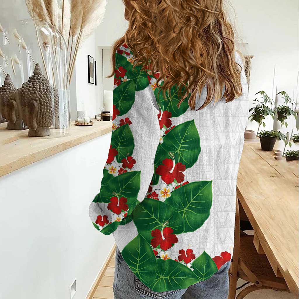 Hawaiian Taro Leaves-Hibiscus and Plumeria Women Casual Shirt Polynesian Art-Kakau Tattoo White