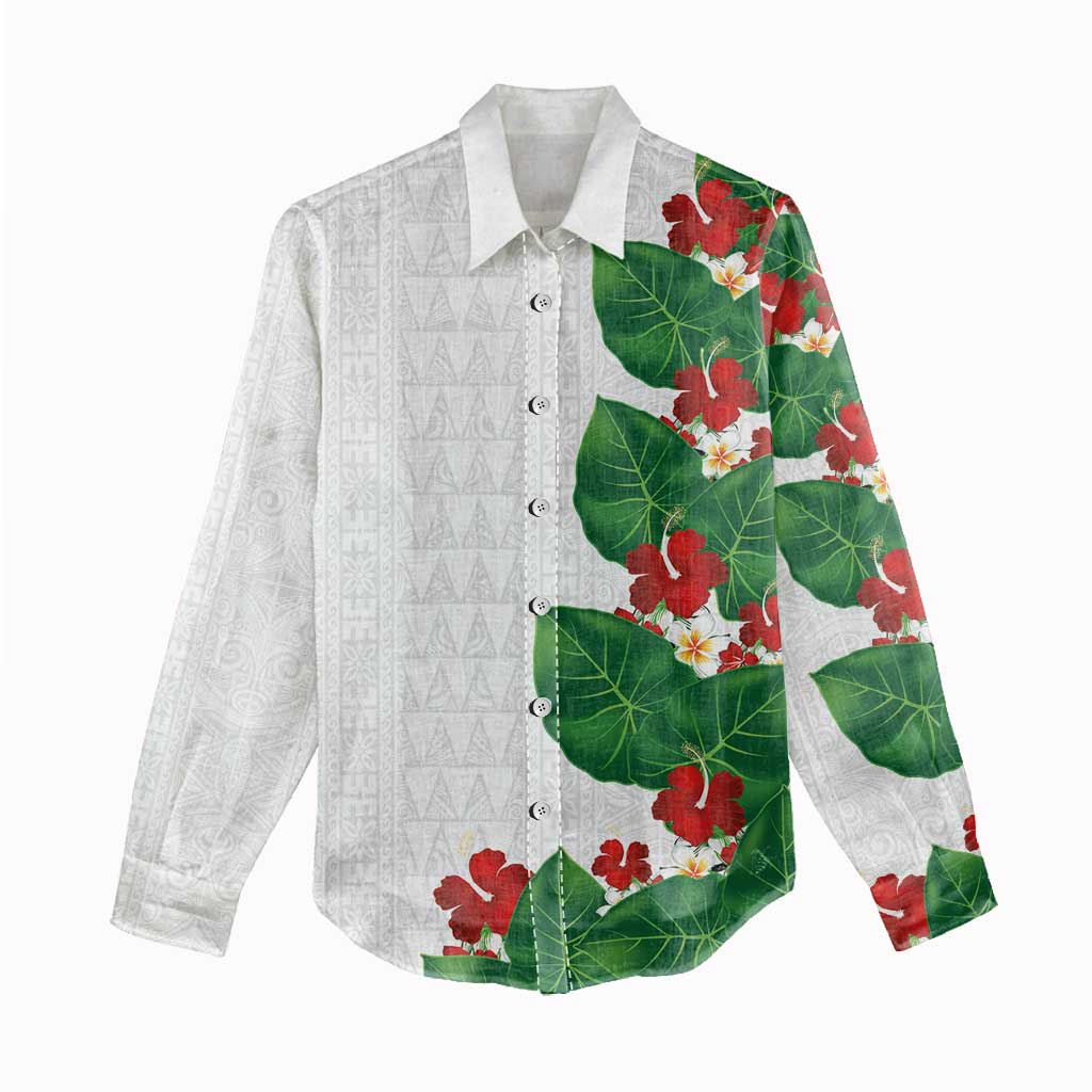 Hawaiian Taro Leaves-Hibiscus and Plumeria Women Casual Shirt Polynesian Art-Kakau Tattoo White