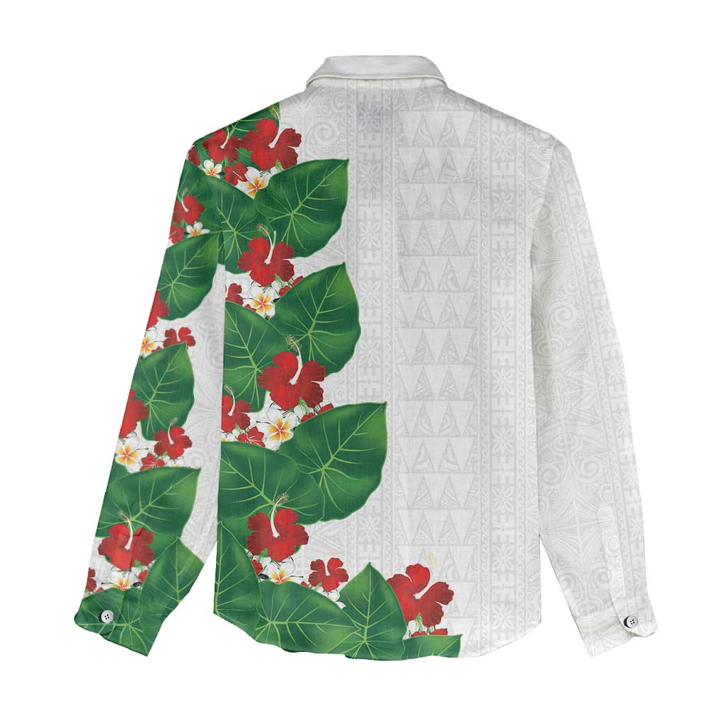 Hawaiian Taro Leaves-Hibiscus and Plumeria Women Casual Shirt Polynesian Art-Kakau Tattoo White
