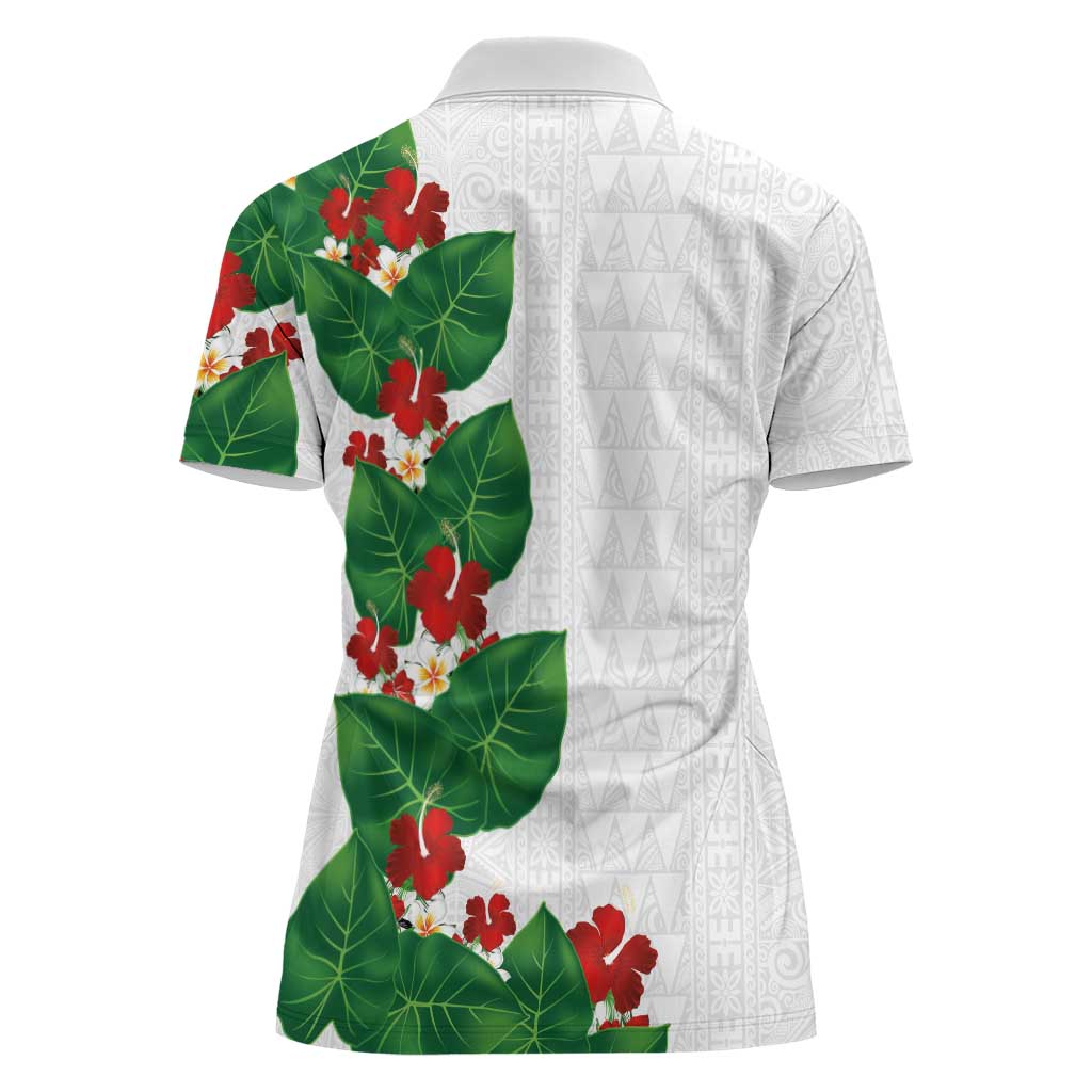 Hawaiian Taro Leaves-Hibiscus and Plumeria Women Polo Shirt Polynesian Art-Kakau Tattoo White