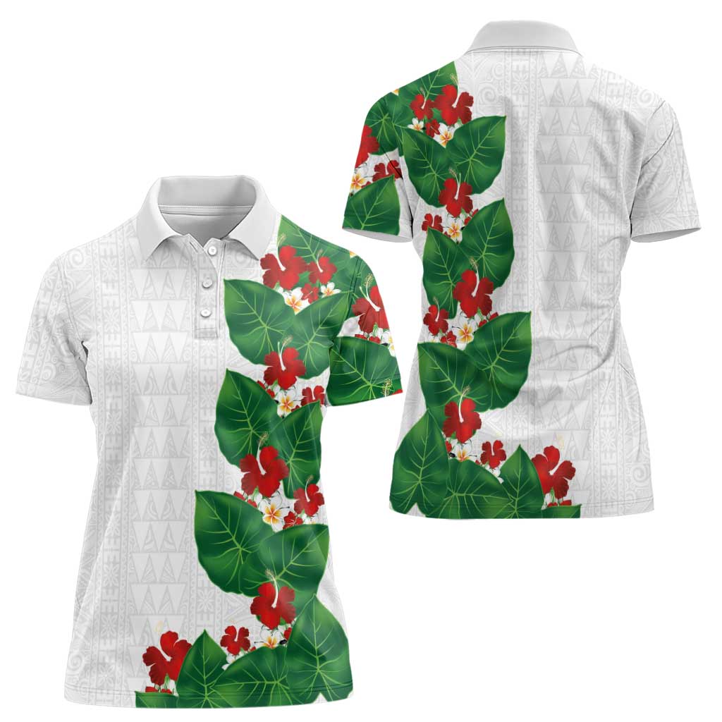 Hawaiian Taro Leaves-Hibiscus and Plumeria Women Polo Shirt Polynesian Art-Kakau Tattoo White