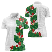 Hawaiian Taro Leaves-Hibiscus and Plumeria Women Polo Shirt Polynesian Art-Kakau Tattoo White