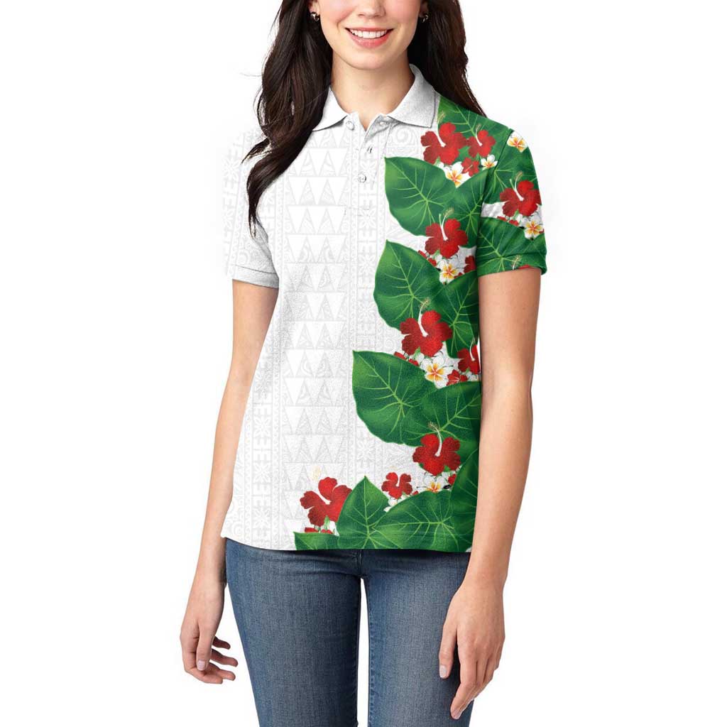 Hawaiian Taro Leaves-Hibiscus and Plumeria Women Polo Shirt Polynesian Art-Kakau Tattoo White