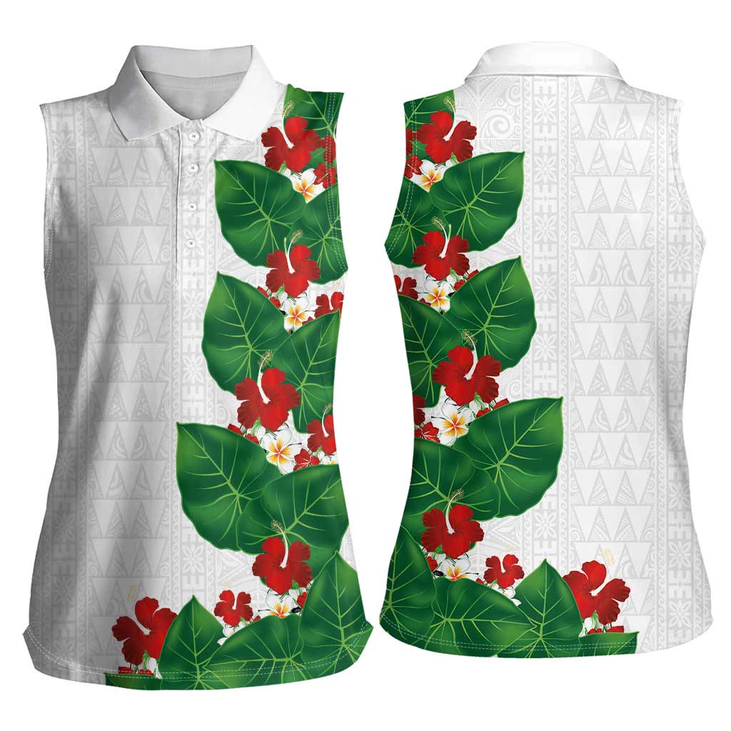 Hawaiian Taro Leaves-Hibiscus and Plumeria Women Sleeveless Polo Shirt Polynesian Art-Kakau Tattoo White
