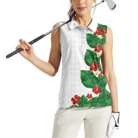 Hawaiian Taro Leaves-Hibiscus and Plumeria Women Sleeveless Polo Shirt Polynesian Art-Kakau Tattoo White
