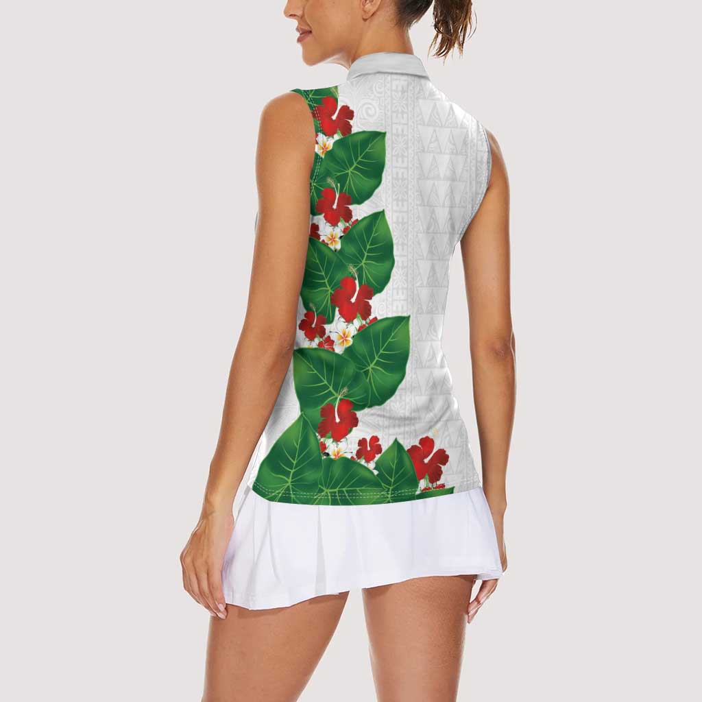 Hawaiian Taro Leaves-Hibiscus and Plumeria Women Sleeveless Polo Shirt Polynesian Art-Kakau Tattoo White